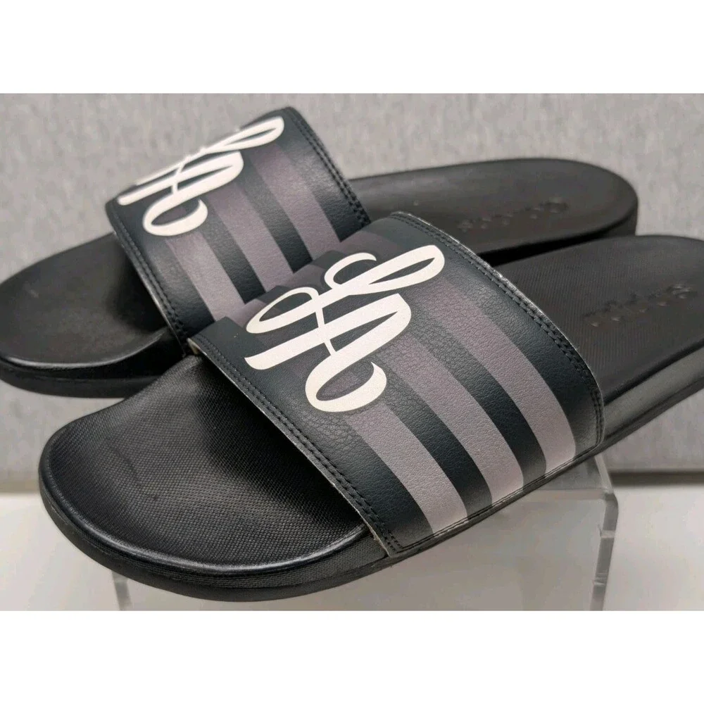 Adidas Originals Adilette Comfort Slides GV8341 Black LA LOGO Grey stripes Sz 10